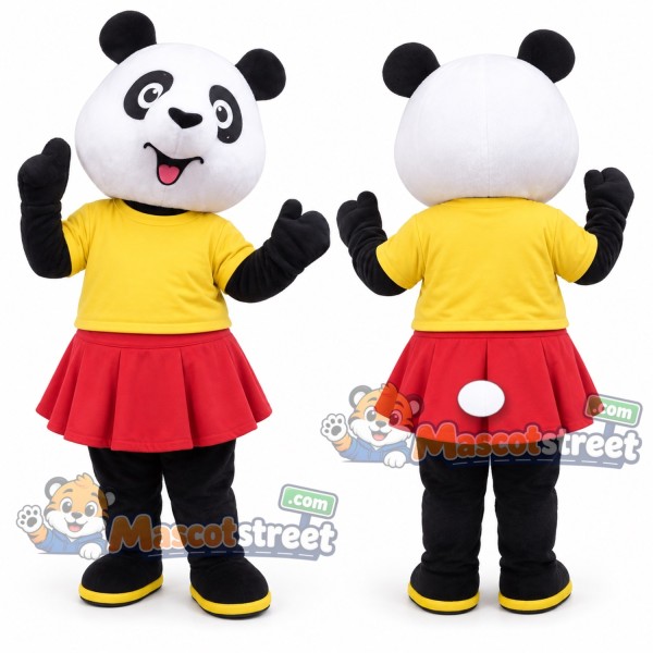 Panda Mascot Costume with Yellow Shirt and Red Skirt