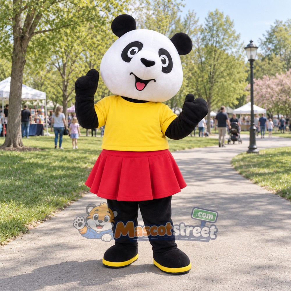 Panda Mascot Costume with Yellow Shirt and Red Skirt Panda Mascot Costume with Yellow Shirt and Red Skirt