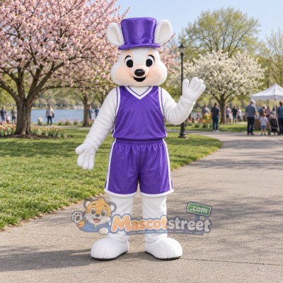 White Rabbit Mascot Costume with Purple Sports Uniform and Top Hat White Rabbit Mascot Costume with Purple Sports Uniform and Top Hat