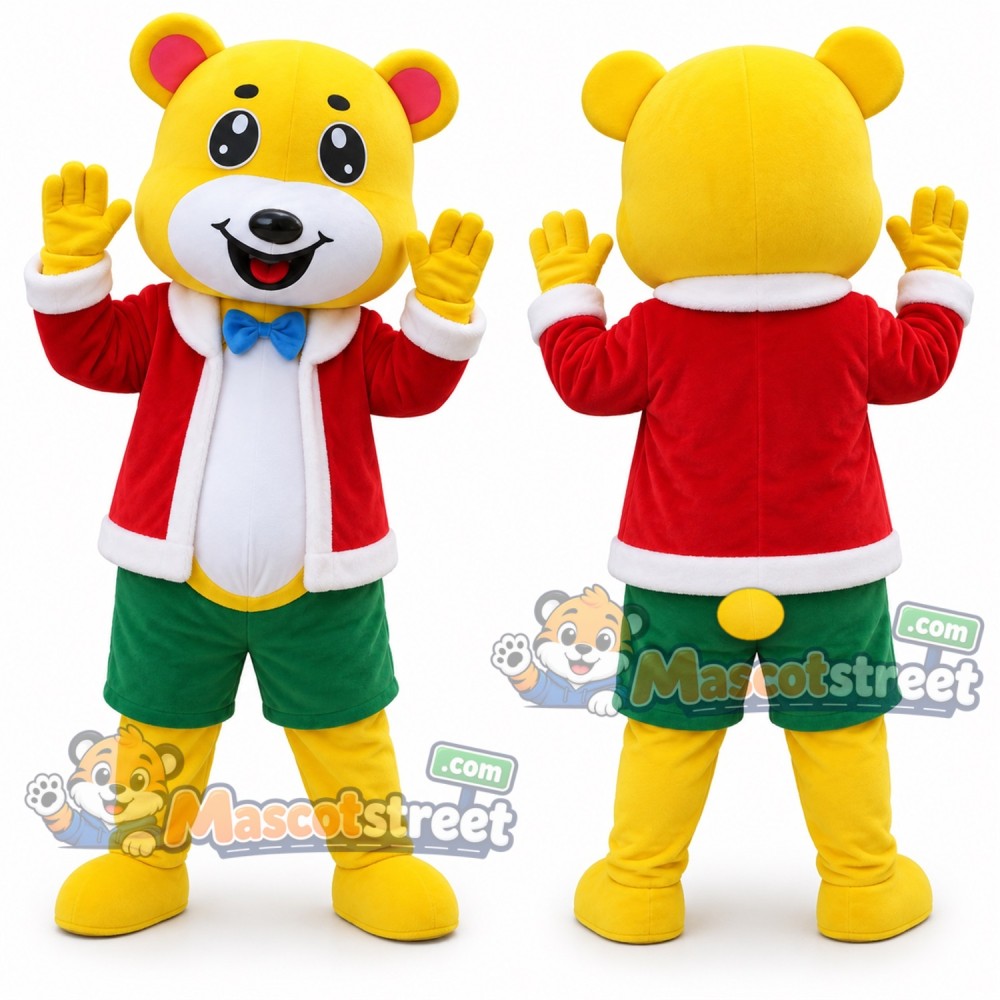 Yellow Bear Mascot Costume with Santa Jacket and Green Shorts Yellow Bear Mascot Costume with Santa Jacket and Green Shorts