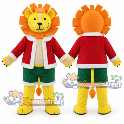 Yellow Lion Mascot Costume with Santa Jacket and Green Shorts