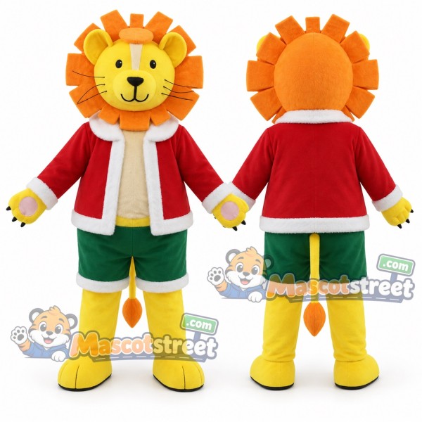 Yellow Lion Mascot Costume with Santa Jacket and Green Shorts