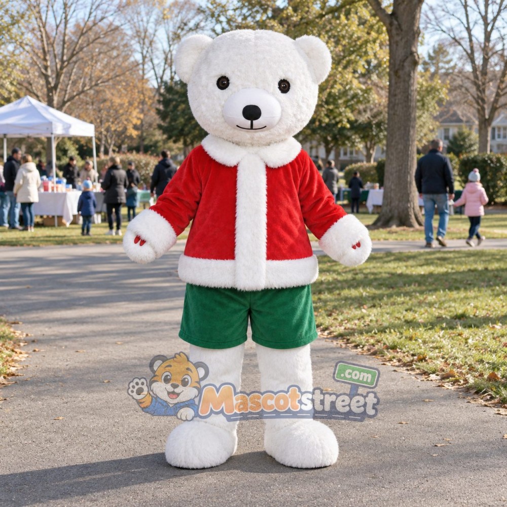 White Bear Mascot Costume with Santa Jacket and Green Shorts