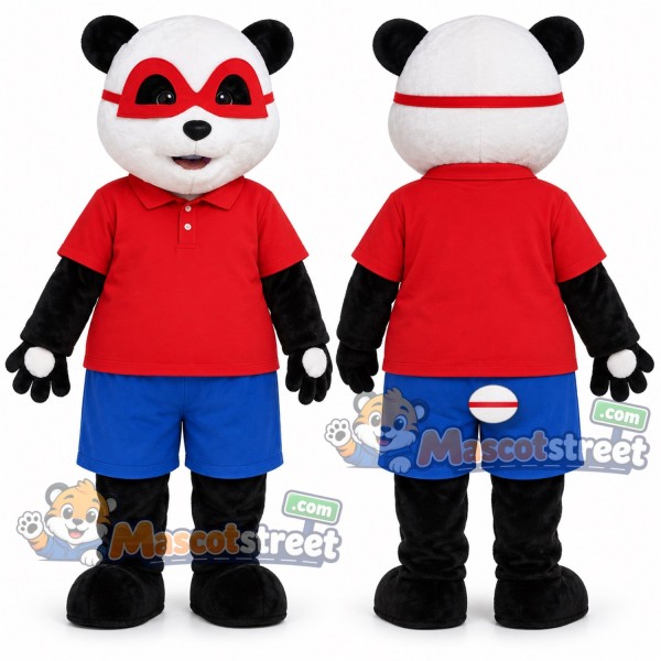 Panda Mascot Costume with Red Shirt, Blue Shorts and Red Glasses