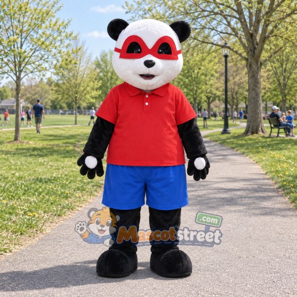 Panda Mascot Costume with Red Shirt, Blue Shorts and Red Glasses