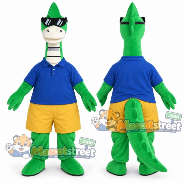 Green Dinosaur Mascot Costume with Blue Shirt, Yellow Shorts and Sunglasses