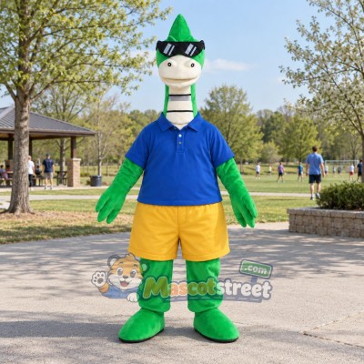 Green Dinosaur Mascot Costume with Blue Shirt, Yellow Shorts and Sunglasses