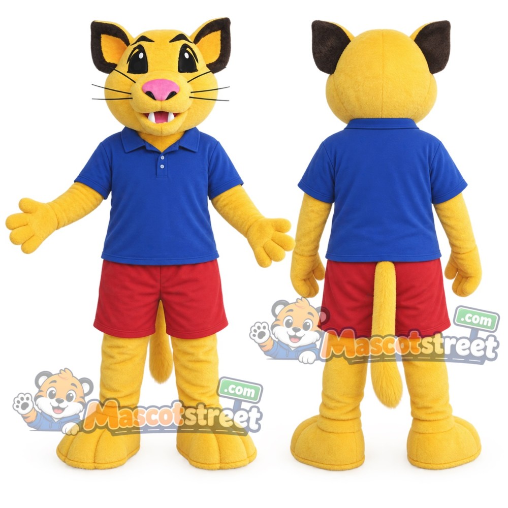 Yellow Cat Mascot Costume with Blue Shirt and Red Shorts Yellow Cat Mascot Costume with Blue Shirt and Red Shorts