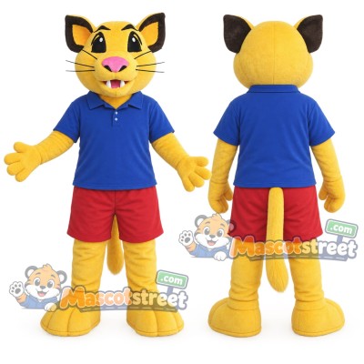 Yellow Cat Mascot Costume with Blue Shirt and Red Shorts Yellow Cat Mascot Costume with Blue Shirt and Red Shorts