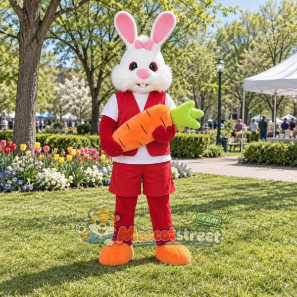 White Rabbit Mascot Costume with Red Santa Suit