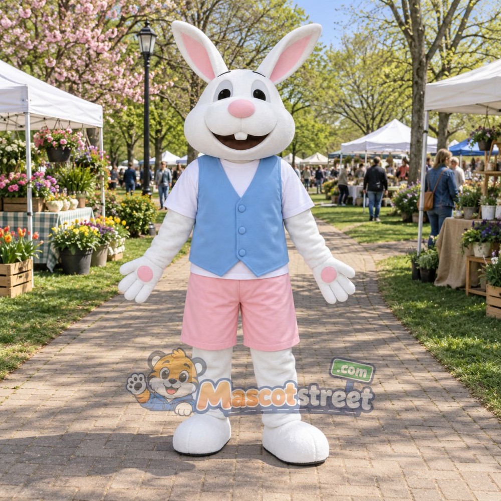 White Rabbit Mascot Costume with Blue Vest and Pink Shorts White Rabbit Mascot Costume with Blue Vest and Pink Shorts