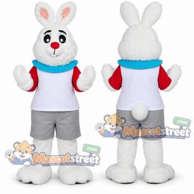 White Rabbit Mascot Costume with White Shirt, Gray Shorts and Blue Scarf
