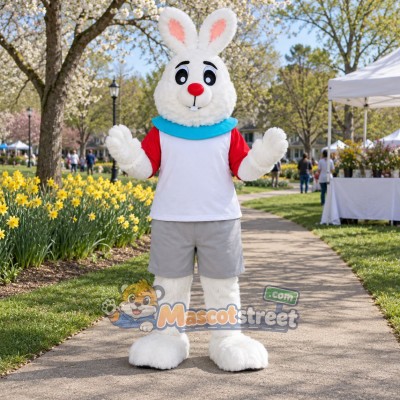 White Rabbit Mascot Costume with White Shirt, Gray Shorts and Blue Scarf White Rabbit Mascot Costume with White Shirt, Gray Shorts and Blue Scarf
