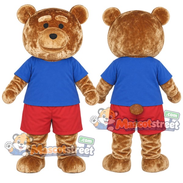 Brown Bear Mascot Costume with Blue Shirt and Red Shorts