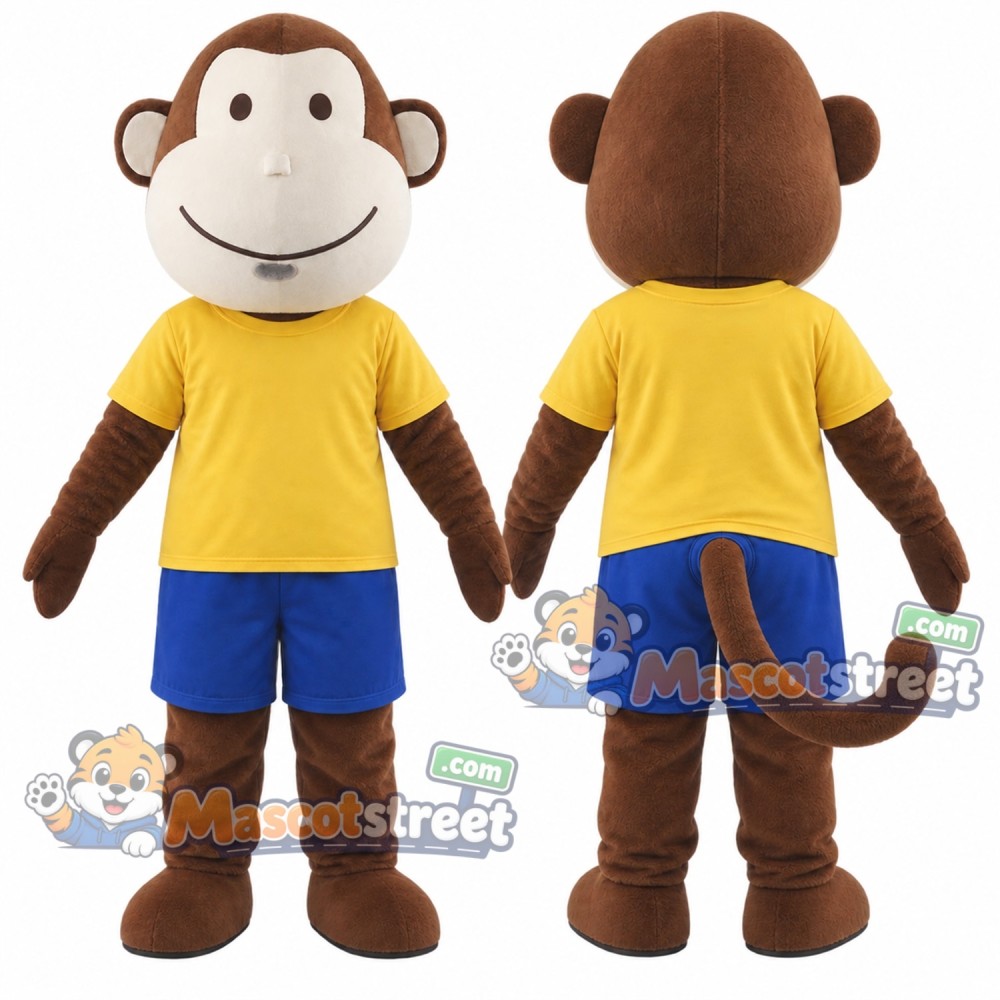 Brown Monkey Mascot Costume with Yellow Shirt and Blue Shorts Brown Monkey Mascot Costume with Yellow Shirt and Blue Shorts