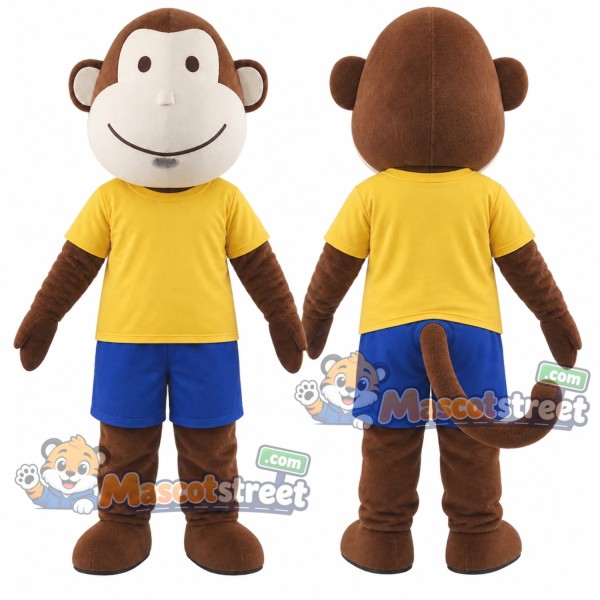 Brown Monkey Mascot Costume with Yellow Shirt and Blue Shorts
