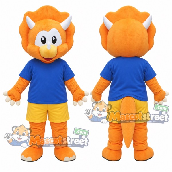 Orange Triceratops Mascot Costume with Blue Shirt and Yellow Shorts