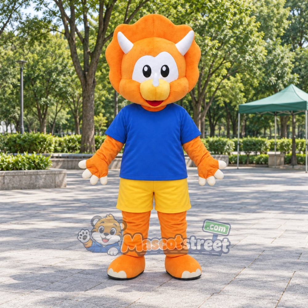 Orange Triceratops Mascot Costume with Blue Shirt and Yellow Shorts