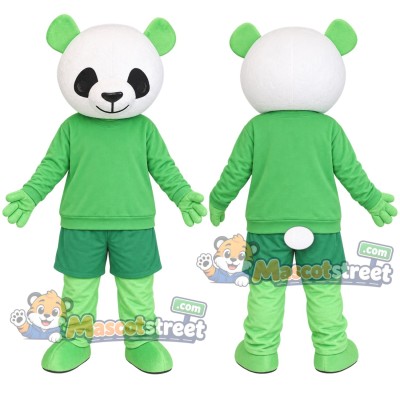 Green and White Panda Mascot Costume with Green Shirt and Green Shorts Green and White Panda Mascot Costume with Green Shirt and Green Shorts