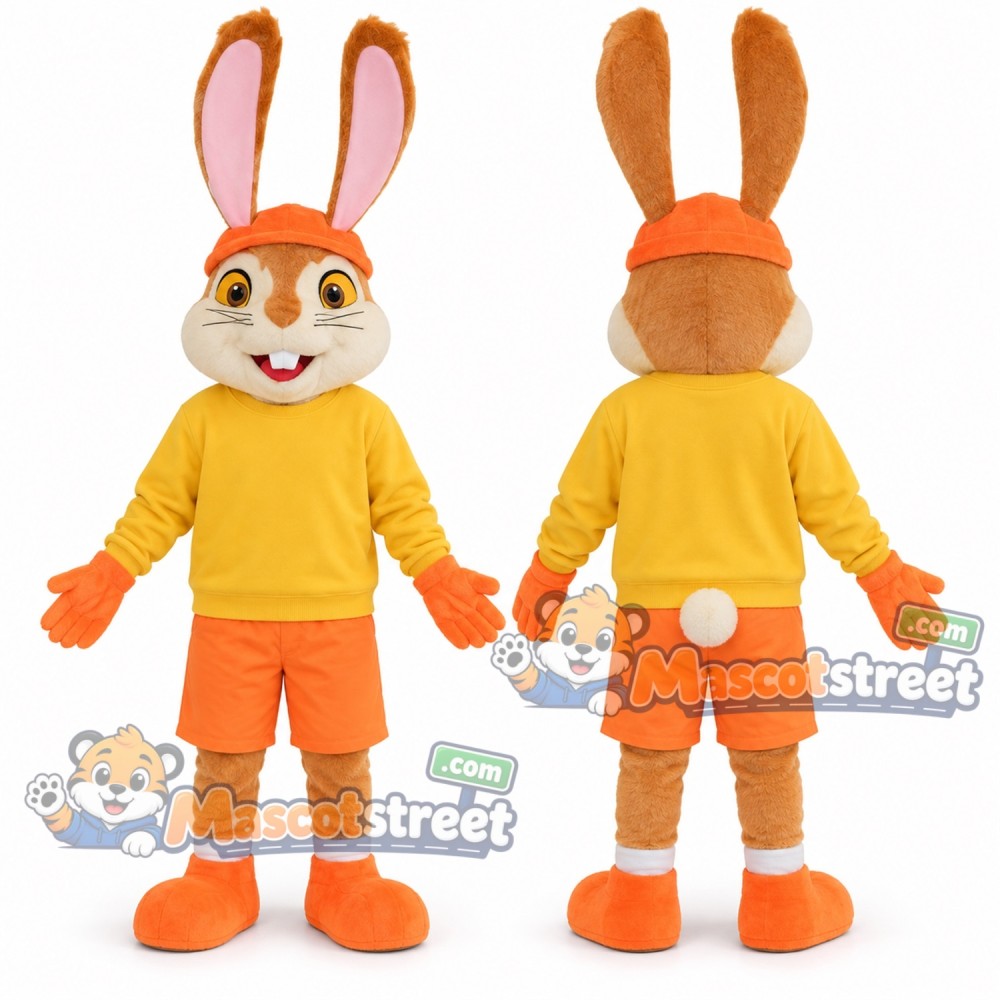 Orange Rabbit Mascot Costume with Yellow Shirt and Orange Shorts