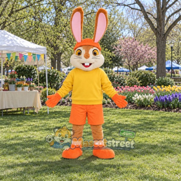Orange Rabbit Mascot Costume with Yellow Shirt and Orange Shorts