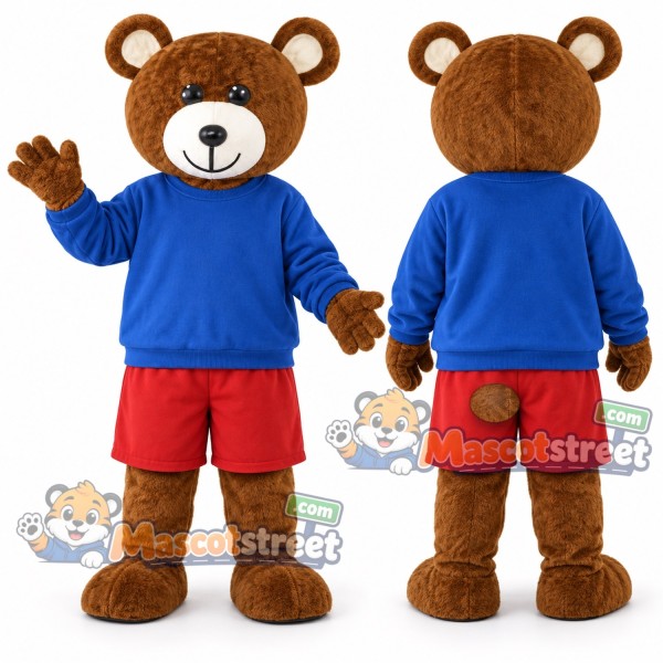 Brown Bear Mascot Costume with Blue Shirt and Red Shorts