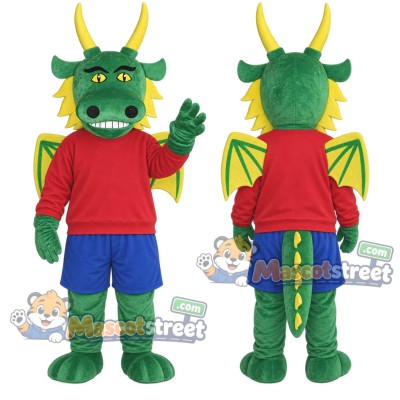 Green Dragon Mascot Costume with Red Shirt and Blue Shorts