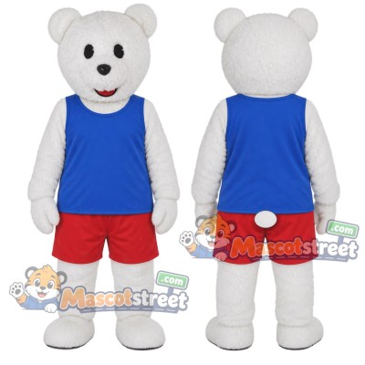 White Bear Mascot Costume with Blue Vest and Red Shorts