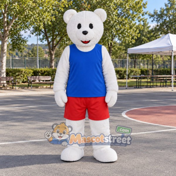 White Bear Mascot Costume with Blue Vest and Red Shorts