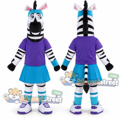 Zebra Mascot Costume with Purple Shirt and Blue Skirt Zebra Mascot Costume with Purple Shirt and Blue Skirt