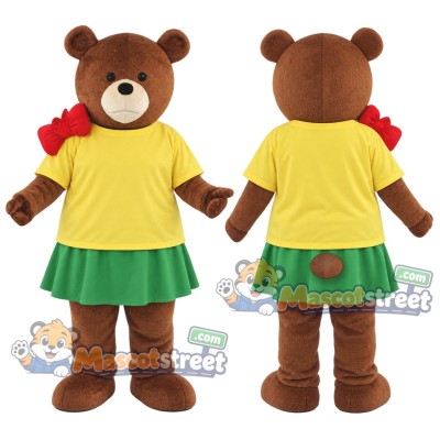 Brown Bear Mascot Costume with Yellow Shirt and Green Skirt