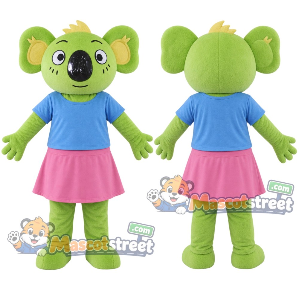 Green Koala Mascot Costume with Blue Shirt and Pink Skirt