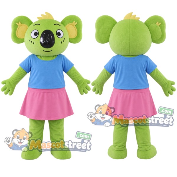 Green Koala Mascot Costume with Blue Shirt and Pink Skirt