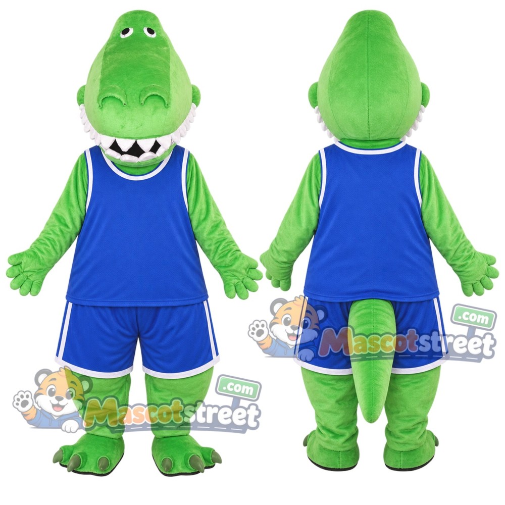 Green Dinosaur Mascot Costume with Blue Sports Uniform
