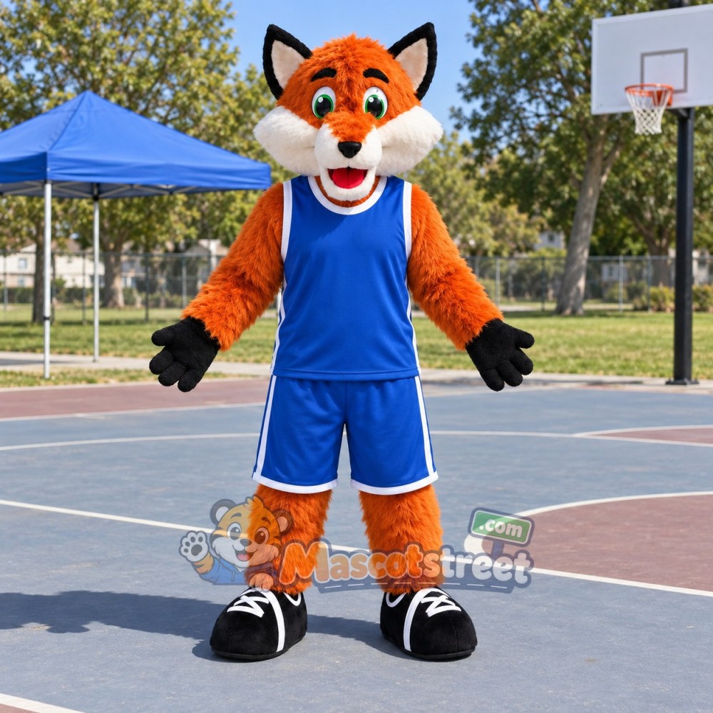 Orange Fox Mascot Costume with Blue Sports Uniform