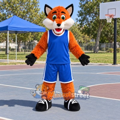 Orange Fox Mascot Costume with Blue Sports Uniform