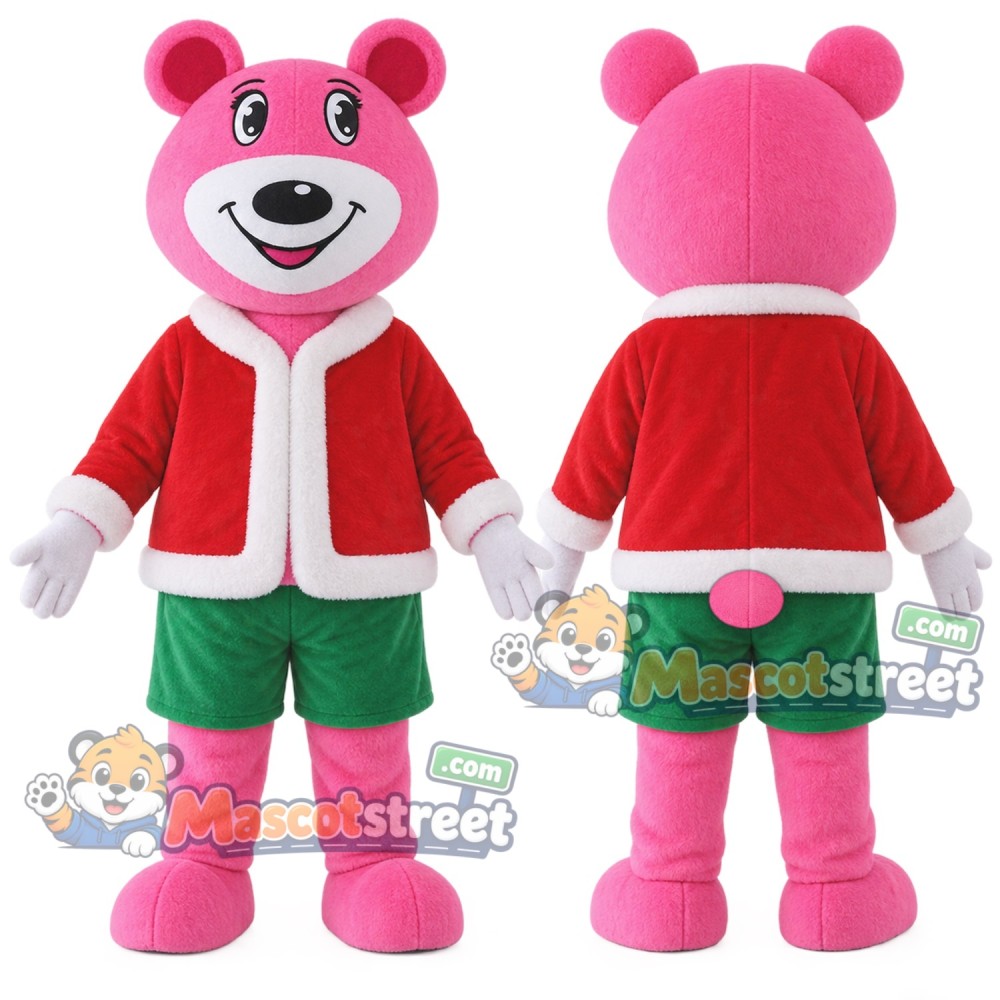 Pink Bear Mascot Costume with Santa Jacket and Green Shorts Pink Bear Mascot Costume with Santa Jacket and Green Shorts