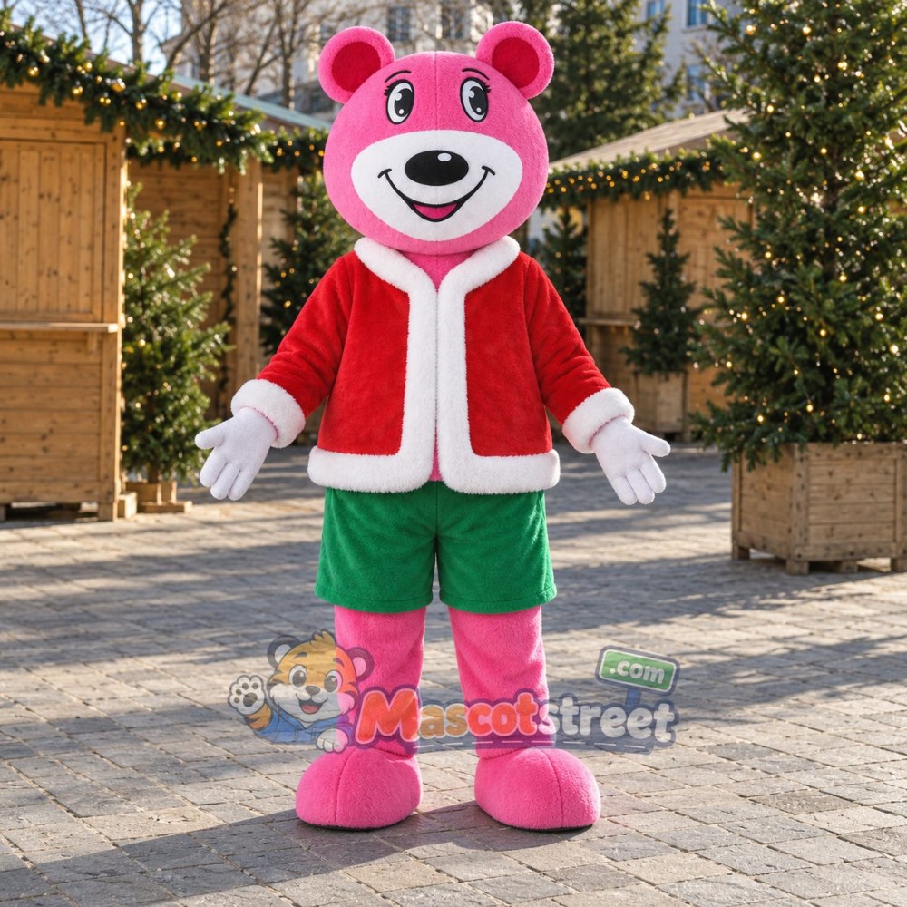 Pink Bear Mascot Costume with Santa Jacket and Green Shorts Pink Bear Mascot Costume with Santa Jacket and Green Shorts