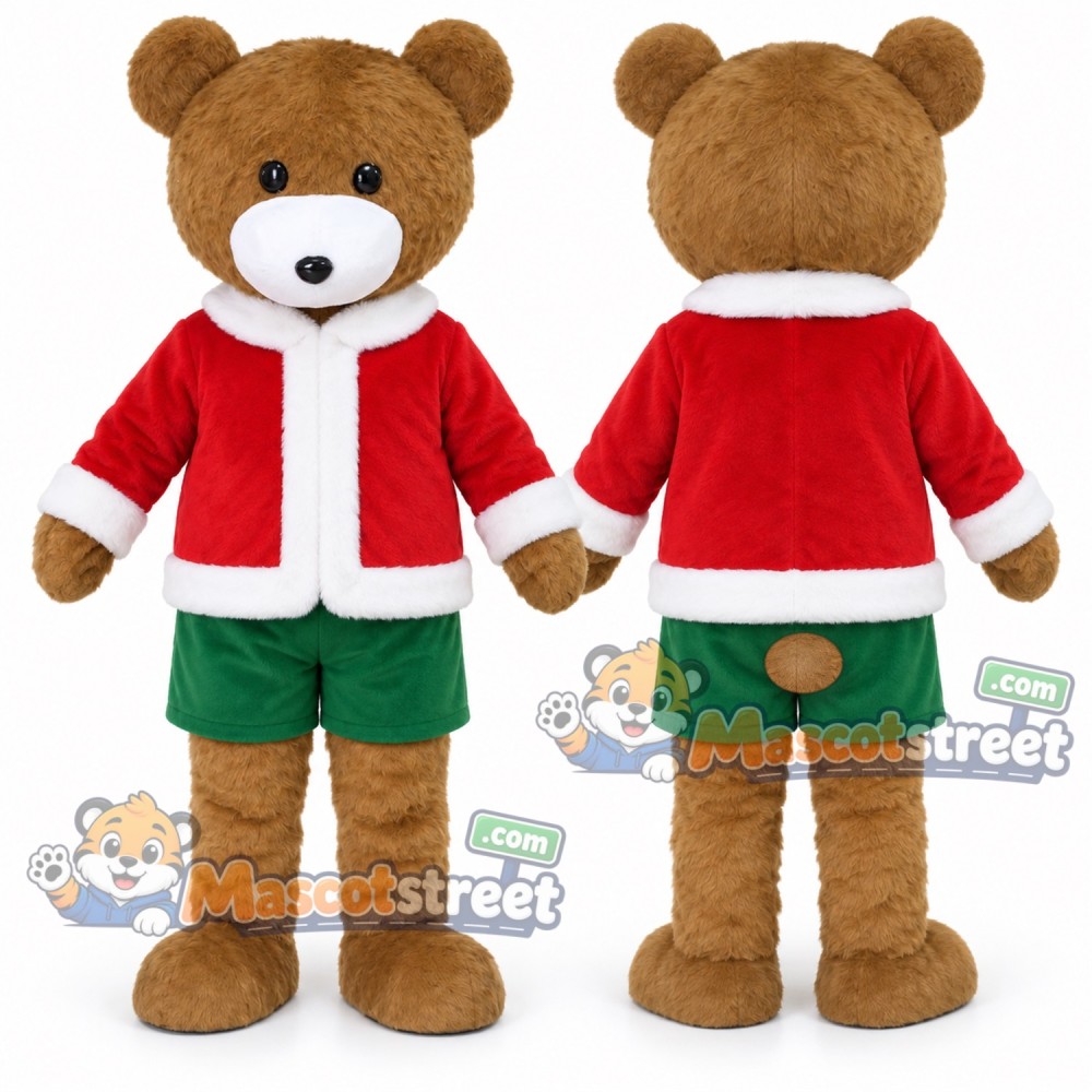 Brown Bear Mascot Costume with Santa Jacket and Green Shorts