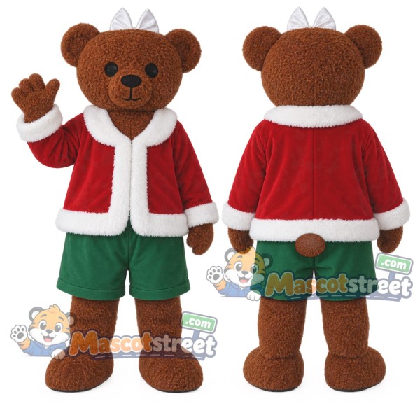 Brown Bear Mascot Costume with Santa Jacket and Green Shorts