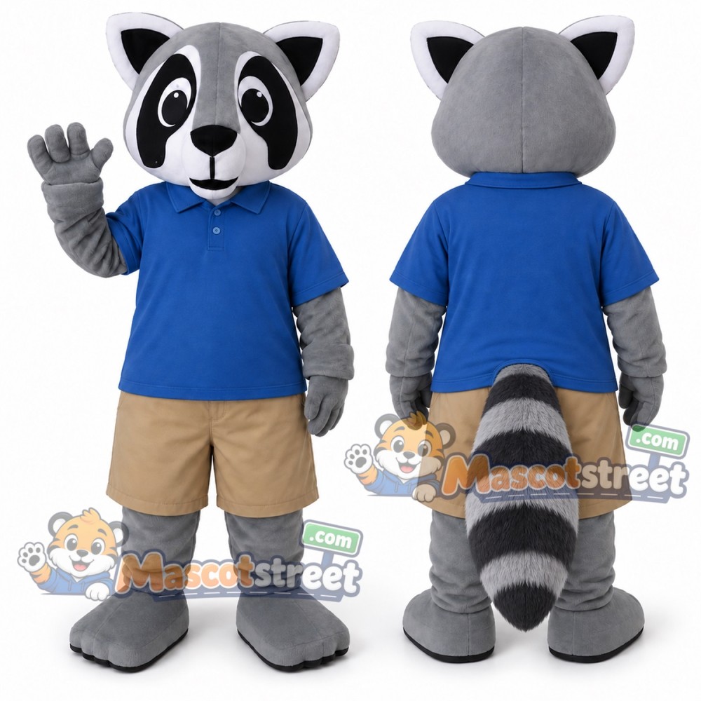 Gray Raccoon Mascot Costume with Blue Shirt and Tan Shorts