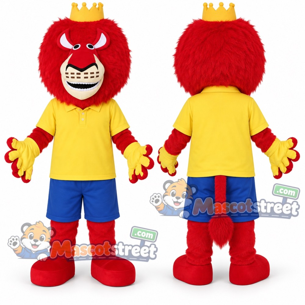 Red Lion Mascot Costume with Yellow Shirt, Blue Shorts and Crown Red Lion Mascot Costume with Yellow Shirt, Blue Shorts and Crown