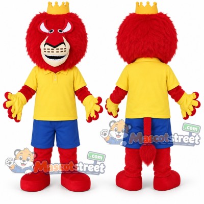 Red Lion Mascot Costume with Yellow Shirt, Blue Shorts and Crown Red Lion Mascot Costume with Yellow Shirt, Blue Shorts and Crown