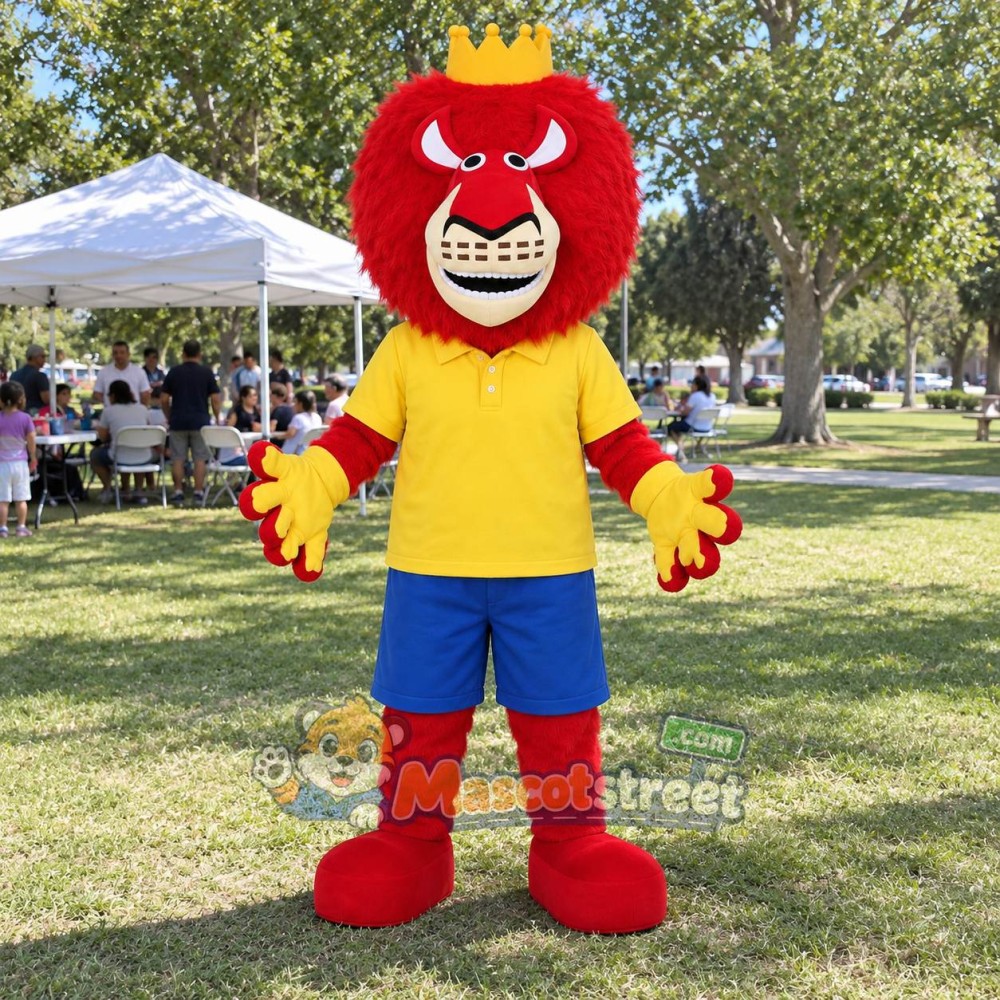 Red Lion Mascot Costume with Yellow Shirt, Blue Shorts and Crown Red Lion Mascot Costume with Yellow Shirt, Blue Shorts and Crown
