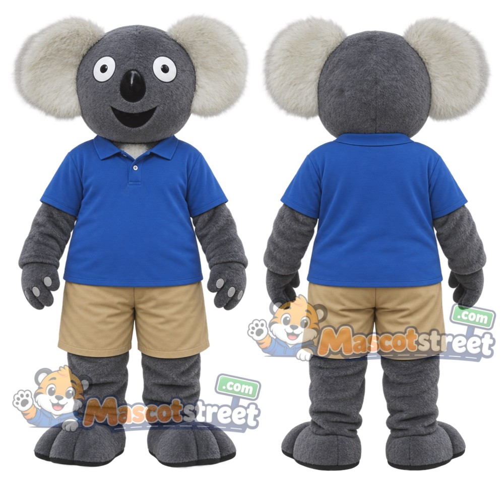 Gray Koala Mascot Costume with Blue Shirt and Tan Shorts