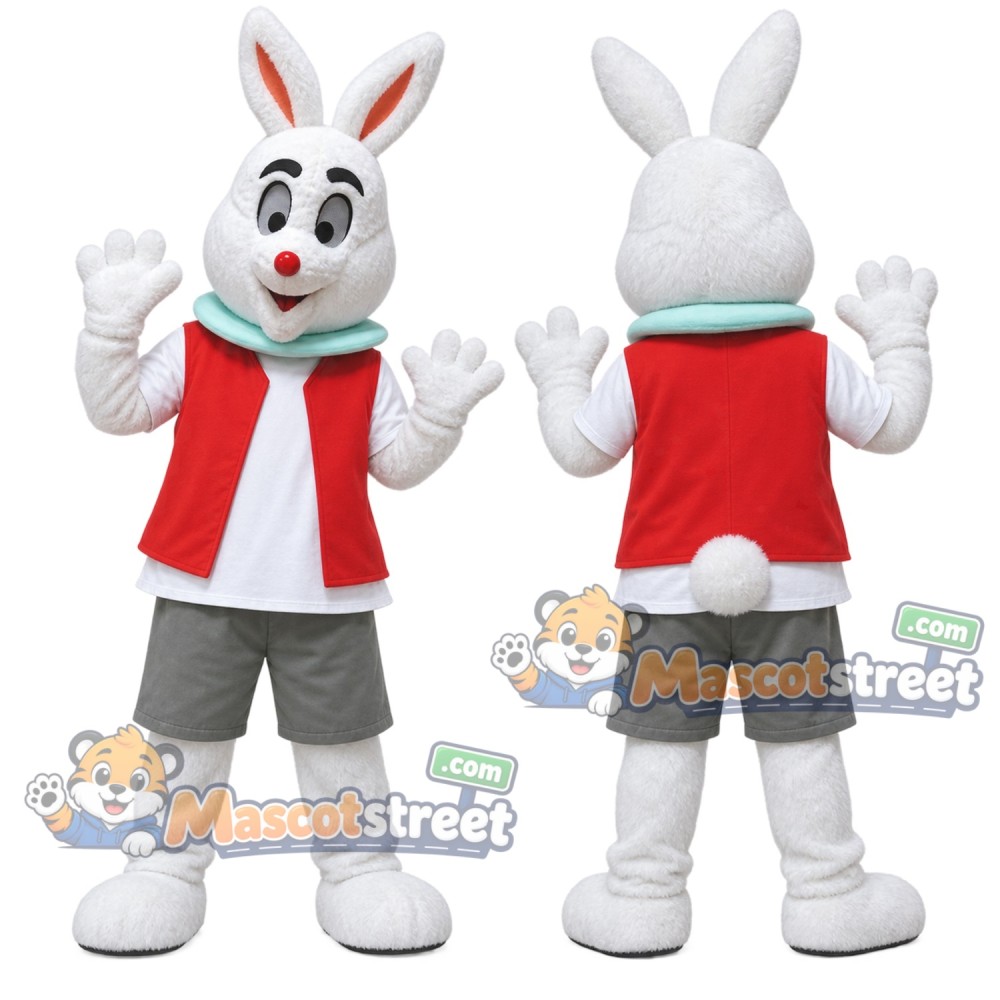 White Rabbit Mascot Costume with Red Vest, Gray Shorts and Green Scarf White Rabbit Mascot Costume with Red Vest, Gray Shorts and Green Scarf