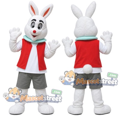 White Rabbit Mascot Costume with Red Vest, Gray Shorts and Green Scarf White Rabbit Mascot Costume with Red Vest, Gray Shorts and Green Scarf