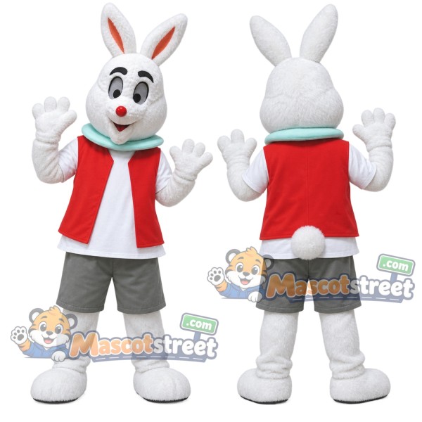 White Rabbit Mascot Costume with Red Vest, Gray Shorts and Green Scarf