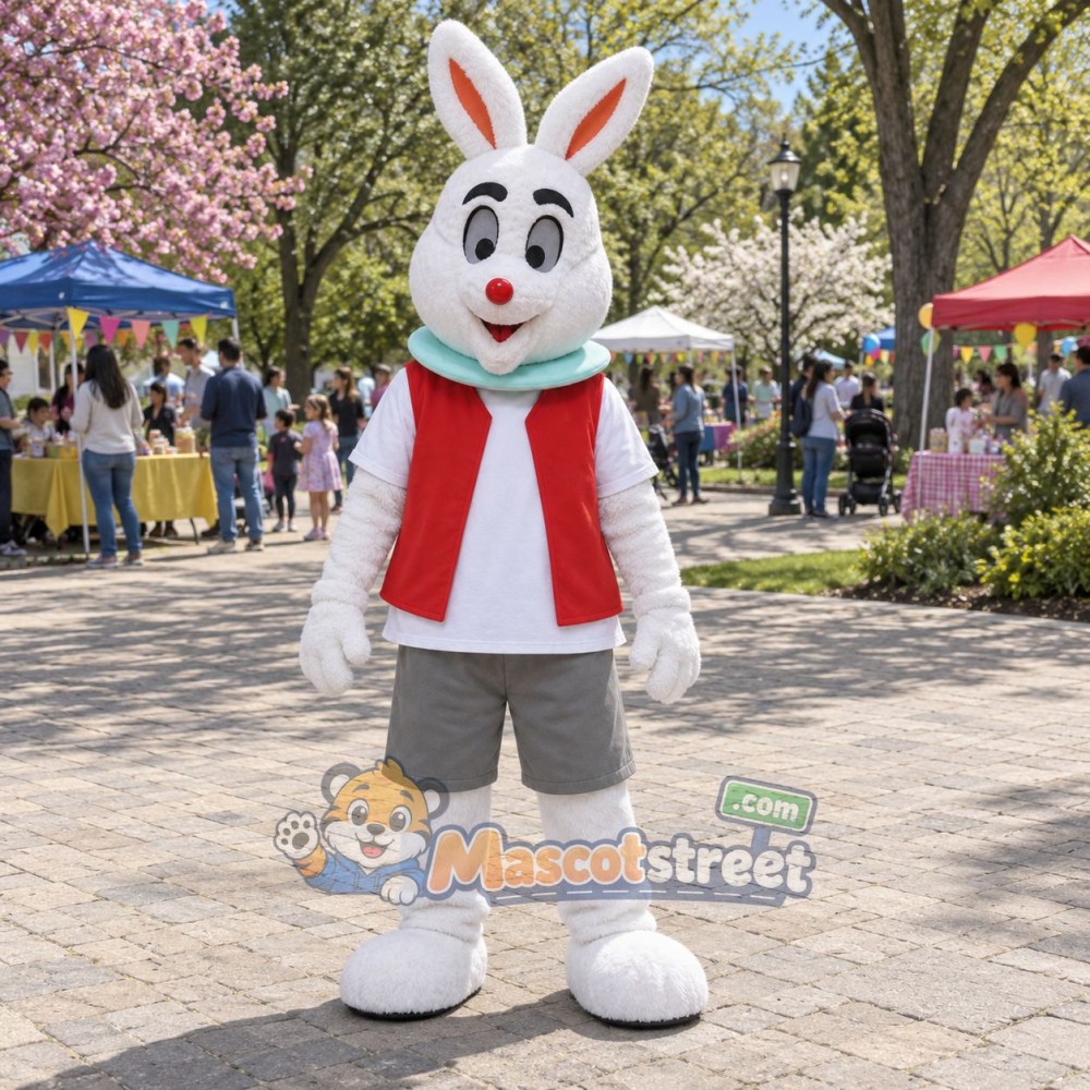 White Rabbit Mascot Costume with Red Vest, Gray Shorts and Green Scarf