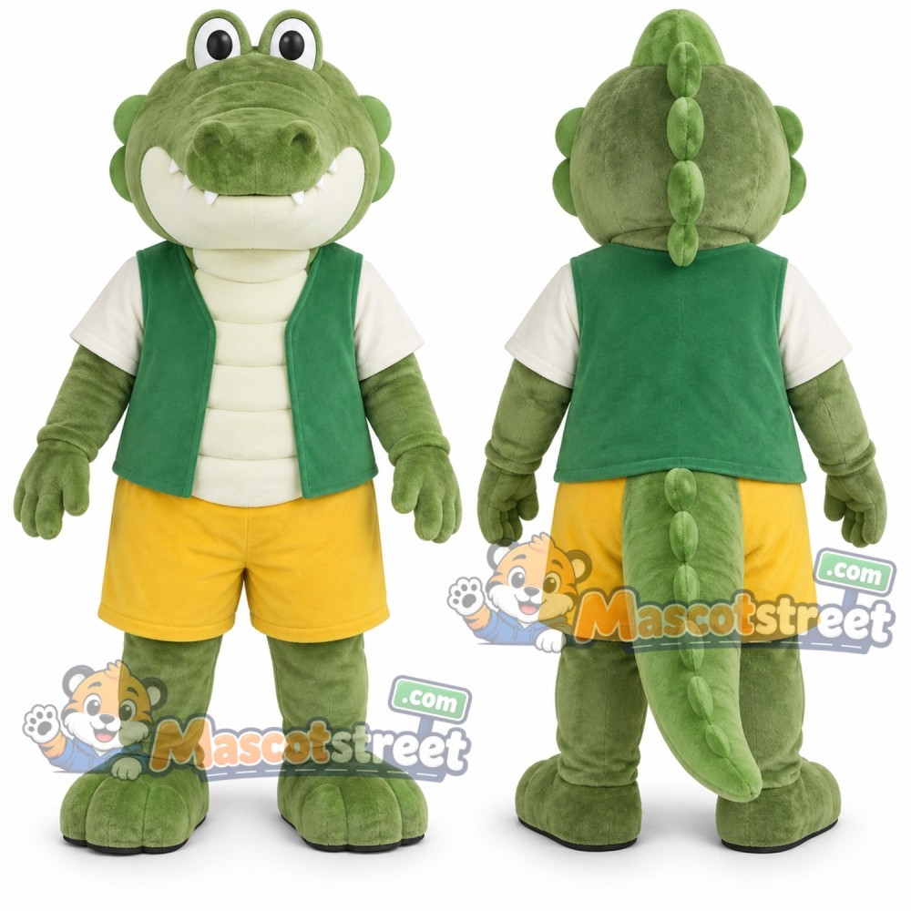 Green Crocodile Mascot Costume with Green Vest and Yellow Shorts